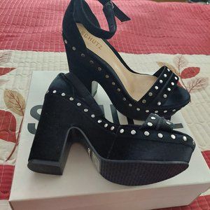 Schutz Torah Black Velvet Studded Platform Block Heels.